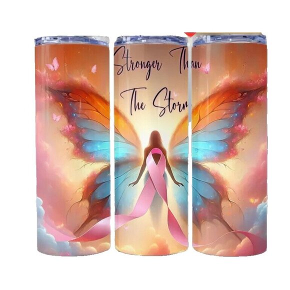 Stronger Than The Storm Breast Cancer Ribbon 20oz Tumbler Insulated Travel - Picture 1 of 3